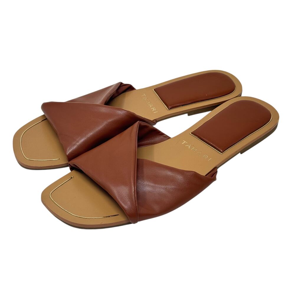 Tahari Sabana Cognac Brown Faux Leather Criss Cross Slide Sandals Padded Size 10 - Picture 3 of 8
